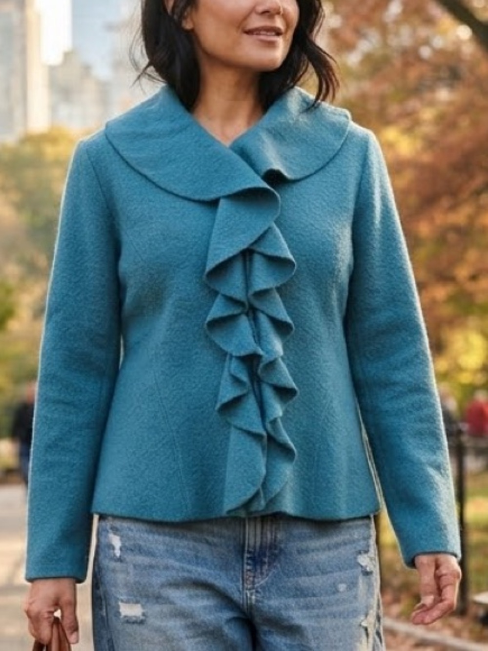 Charter Club Woman 2X Teal Boiled Wool Ruffle Cardigan Jacket Minimalist Luxury